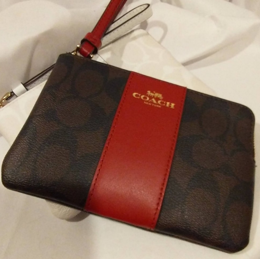 🆕️Coach Signature Monogram Brown/Red Wristlet W Dust Bag - Picture 6 of 12